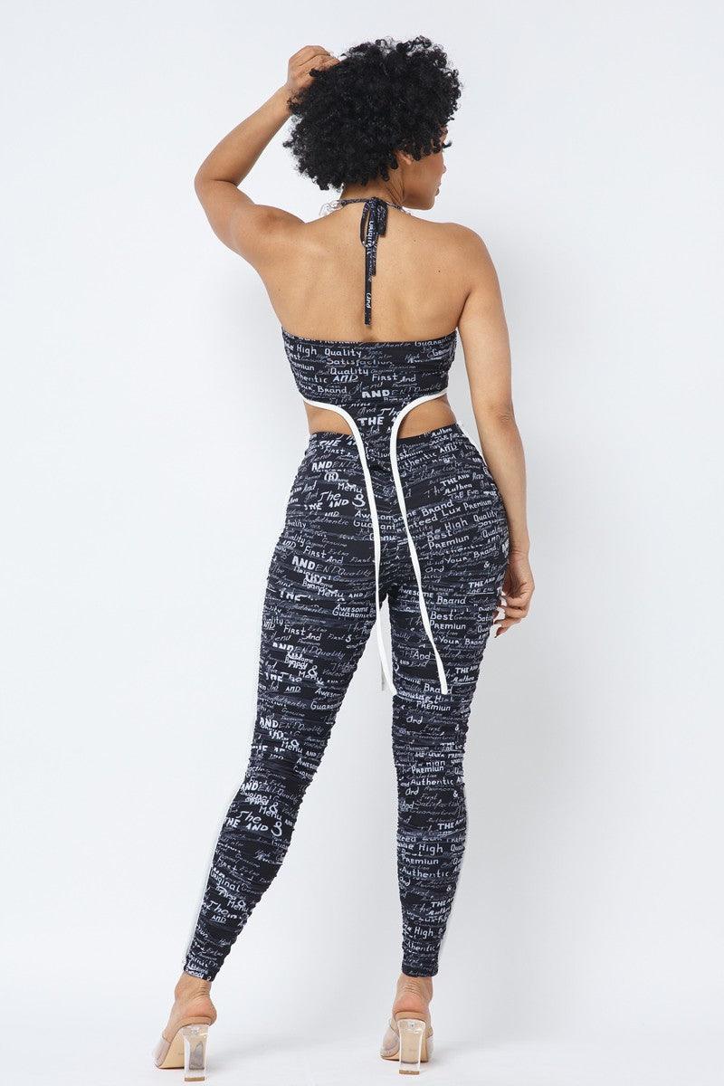 Mesh Print Crop Top With Plastic Chain Halter Neck With Matching Leggings Naughty Smile Fashion