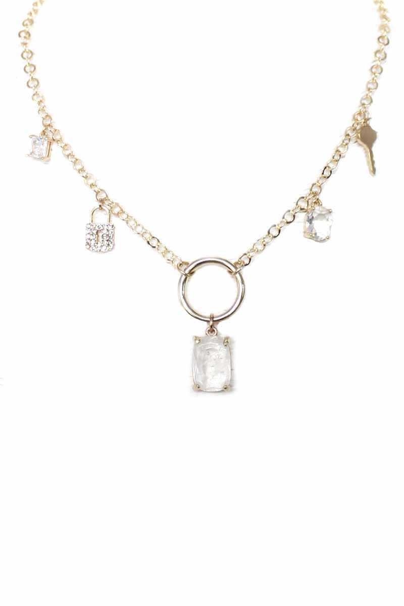 Metal Chain Crystal Stone Lock And Key Dangle Necklace Naughty Smile Fashion