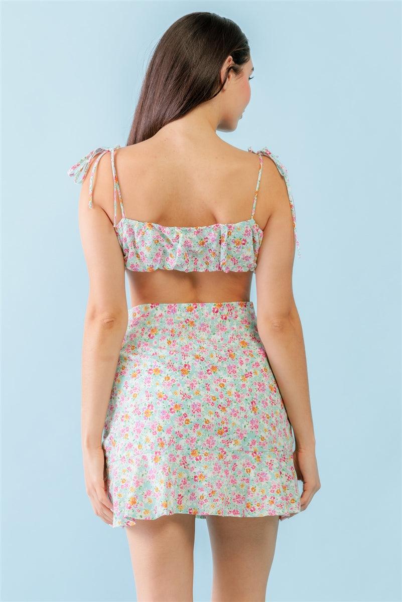 Mint Fuchsia Print Cotton Sleeveless Strappy Crop Top & High Waist Wrap Hem Mini Skirt Set Naughty Smile Fashion