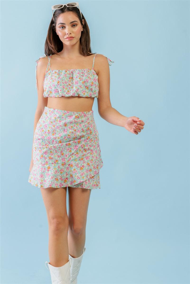 Mint Fuchsia Print Cotton Sleeveless Strappy Crop Top & High Waist Wrap Hem Mini Skirt Set Naughty Smile Fashion