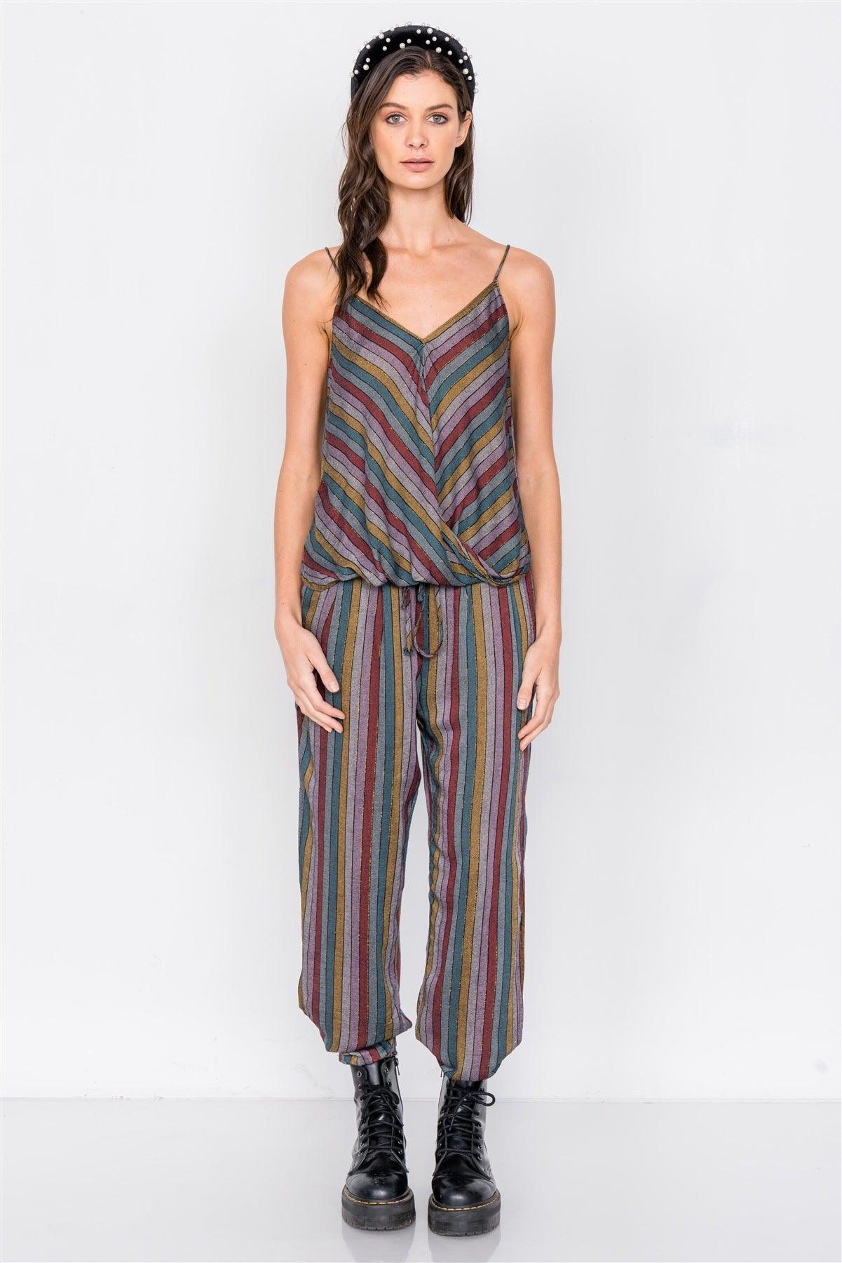 Multi Stripe Scoop Neck High-low Cami & Side Slit Harem Pant Set Naughty Smile Fashion