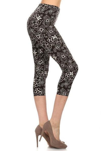 Multi-color Print, Cropped Capri Leggings In A Fitted Style With A Banded High Waist. Naughty Smile Fashion