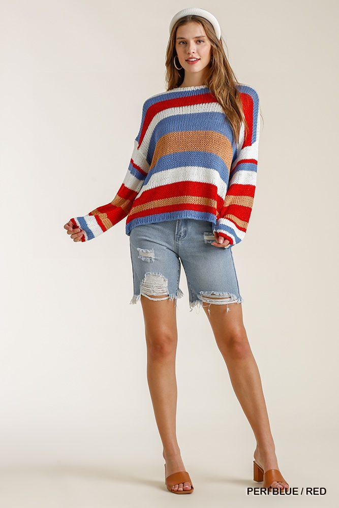 Multicolored Stripe Round Neck Long Sleeve Knit Sweater Naughty Smile Fashion