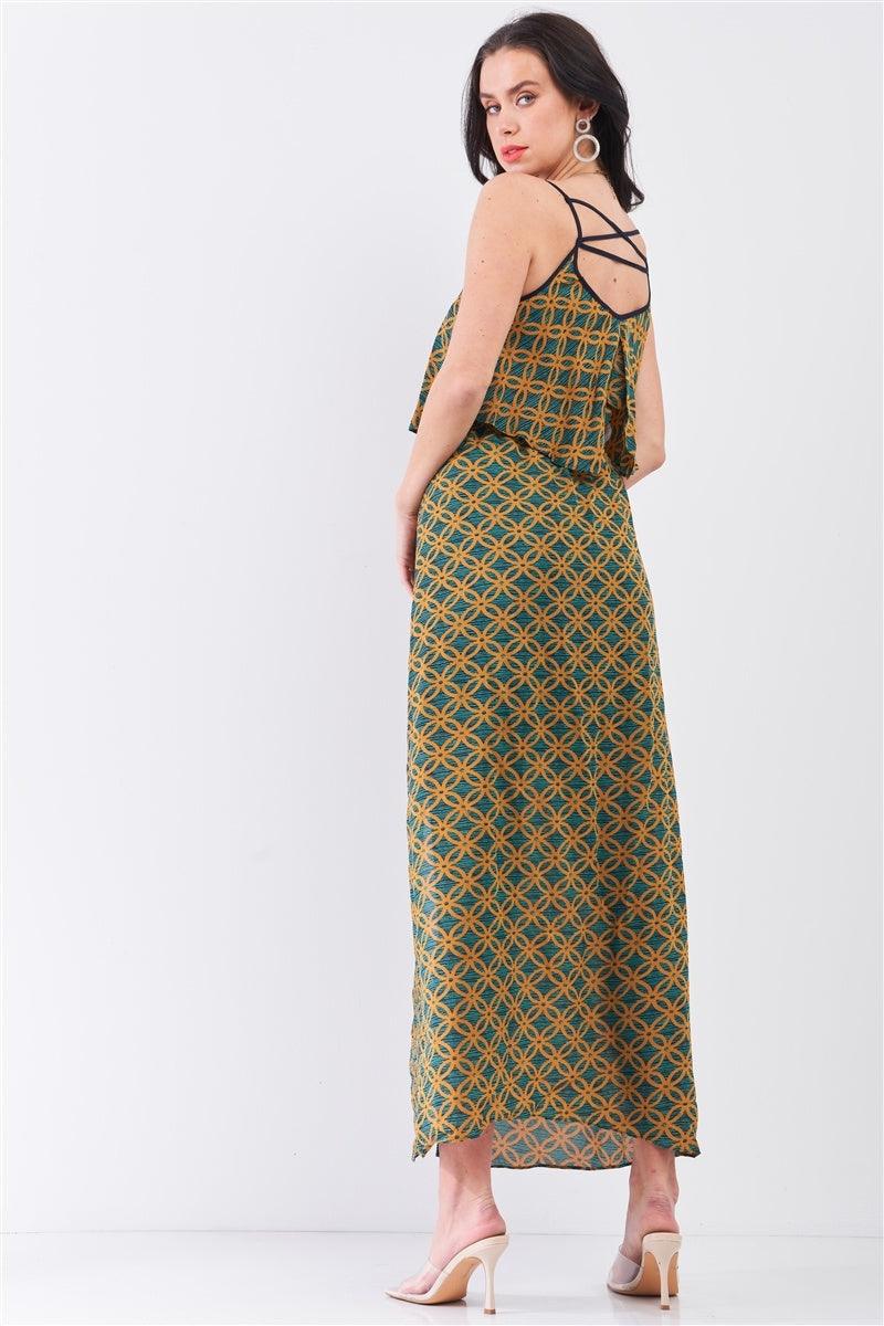 Mustard Multi Printed Sleeveless Criss-cross Back Side Slit Detail Dress