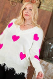 Neon Fuchsia Heart Print Distressed V Neck Long Sleeve Sweater Naughty Smile Fashion