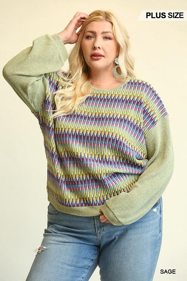 Novelty Knit And Solid Knit Mixed Loose Top With Drop Down Shoulder Naughty Smile Fashion