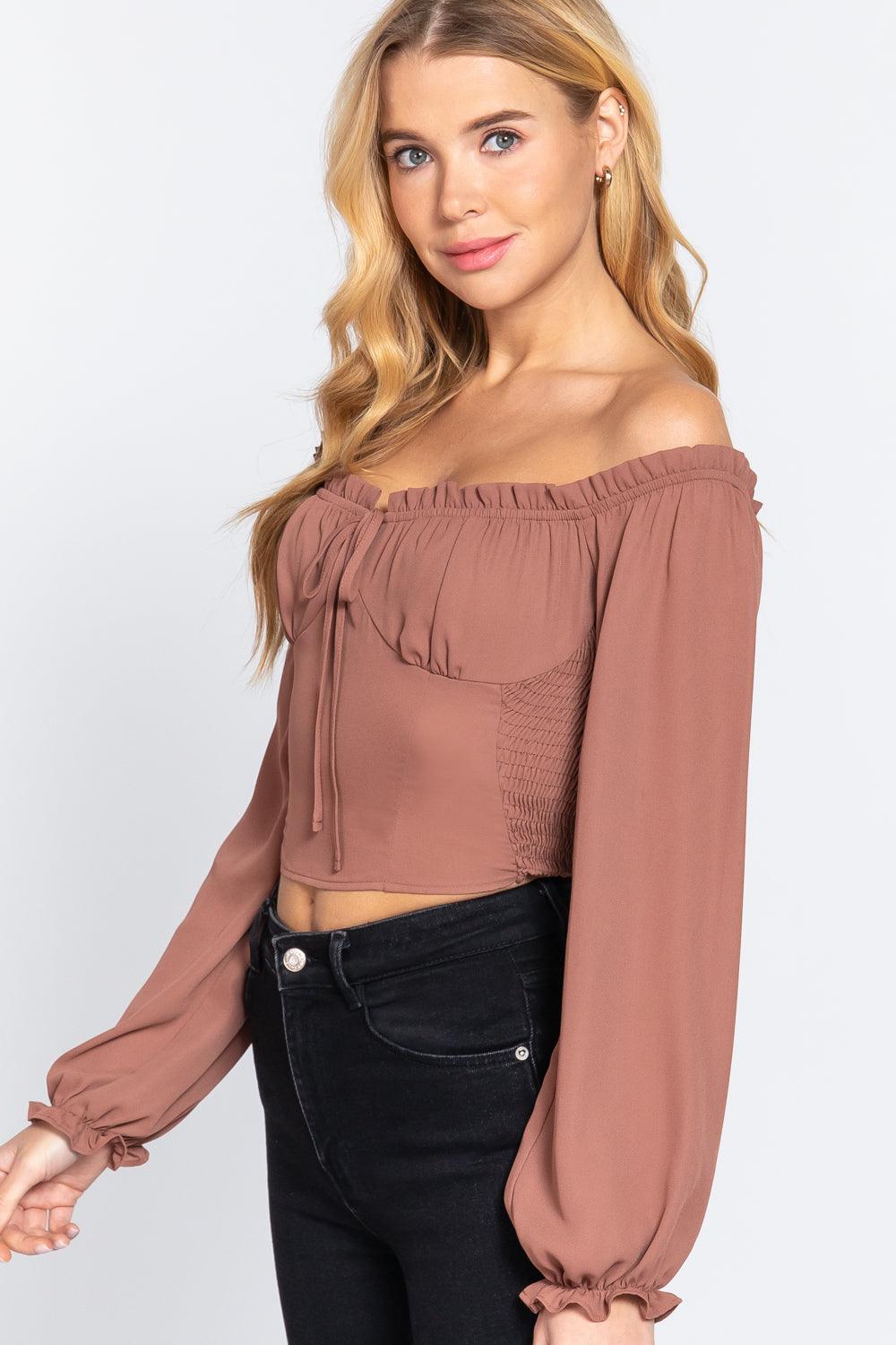 Off Shoulder Smocking Woven Top Naughty Smile Fashion