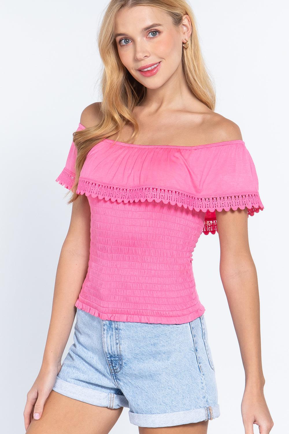 Off Shoulder W/lace Smocked Top Naughty Smile Fashion