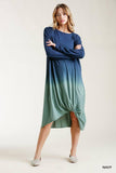 Ombre Front Knot Detail Long Sleeve Dress With Raw Hem
