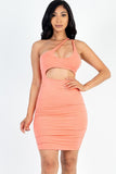 One Shoulder Cut-out Front Ruched Bodycon Mini Dress Naughty Smile Fashion