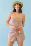 Orange & Aqua Plaid Print Cotton Strapless Crop Top & High Waist Two Pocket Shorts Set #Dresswomen #Shorts #Youtubeshorts