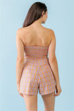 Orange & Aqua Plaid Print Cotton Strapless Crop Top & High Waist Two Pocket Shorts Set #Dresswomen #Shorts #Youtubeshorts