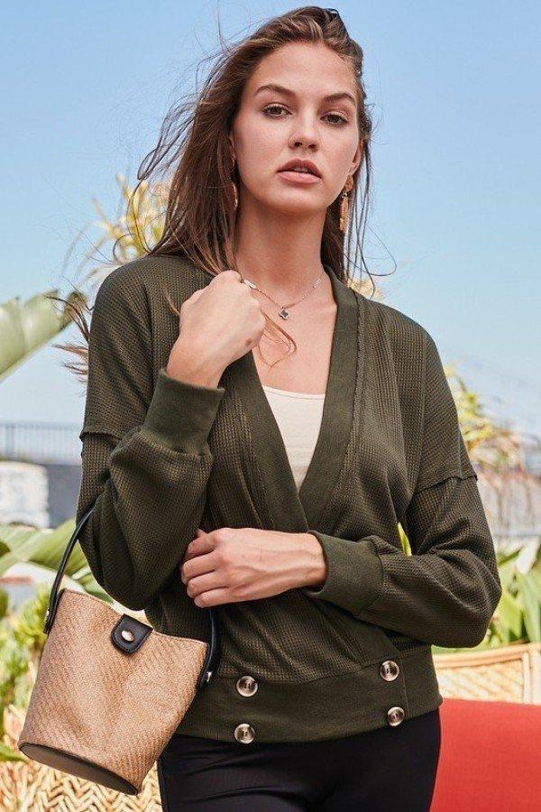 Buying Guide: Stylish and Healthy Dresses 2023 | Fashionably Fit | Overwrap Front Button Detail Long Sleeve Knit Top