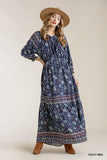 Paisley Print Smocked Ruffle Cuff Sleeve Elastic Waist Maxi Dress With Front String Tie Naughty Smile Fashion
