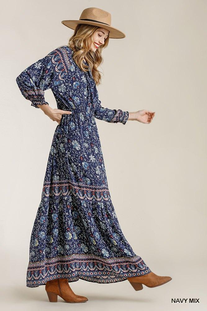 Paisley Print Smocked Ruffle Cuff Sleeve Elastic Waist Maxi Dress With Front String Tie Naughty Smile Fashion
