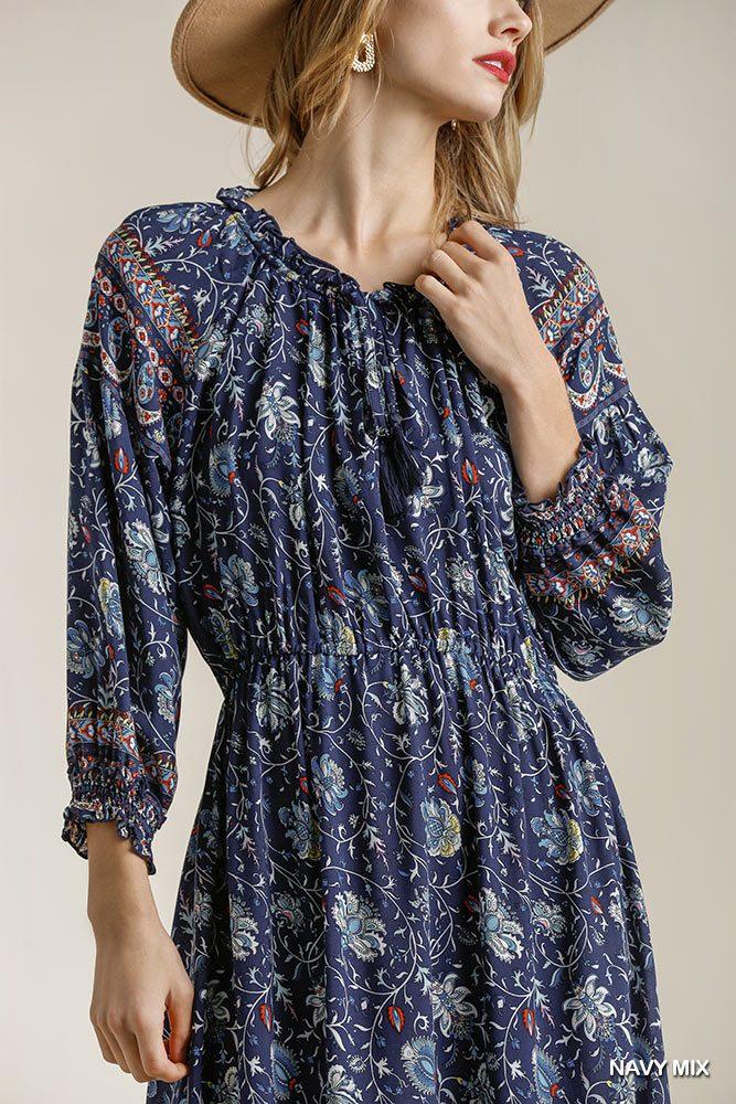 Paisley Print Smocked Ruffle Cuff Sleeve Elastic Waist Dress With Front String Tie
