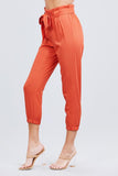 Paperbag W/bow Tie Elastic Hem Long Linen Pants Naughty Smile Fashion