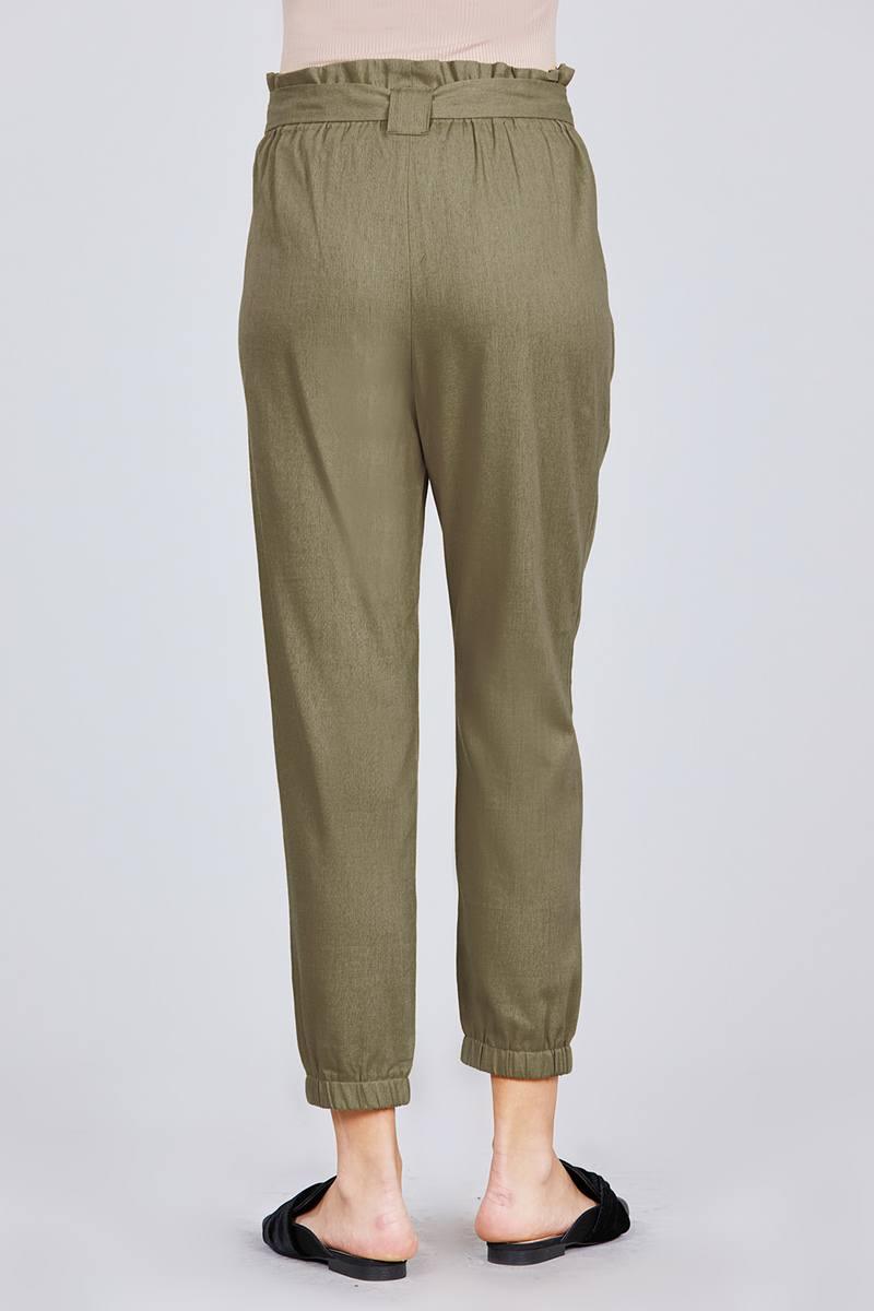 Paperbag W/bow Tie Elastic Hem Long Linen Pants Naughty Smile Fashion