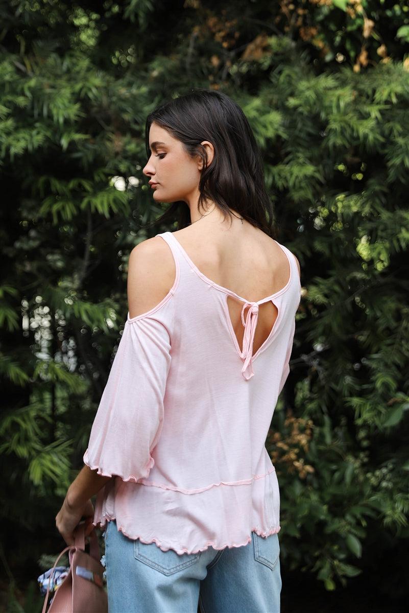Pink Cold Shoulder Back Self-tie Detail Midi Sleeve Lettuce Edge Top Naughty Smile Fashion