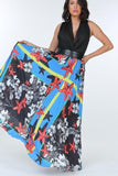 Pleated Print Skirt With Leather Waist Band