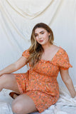 Plus Apricot Floral Print Smocked Puff Short Sleeve Romper Naughty Smile Fashion