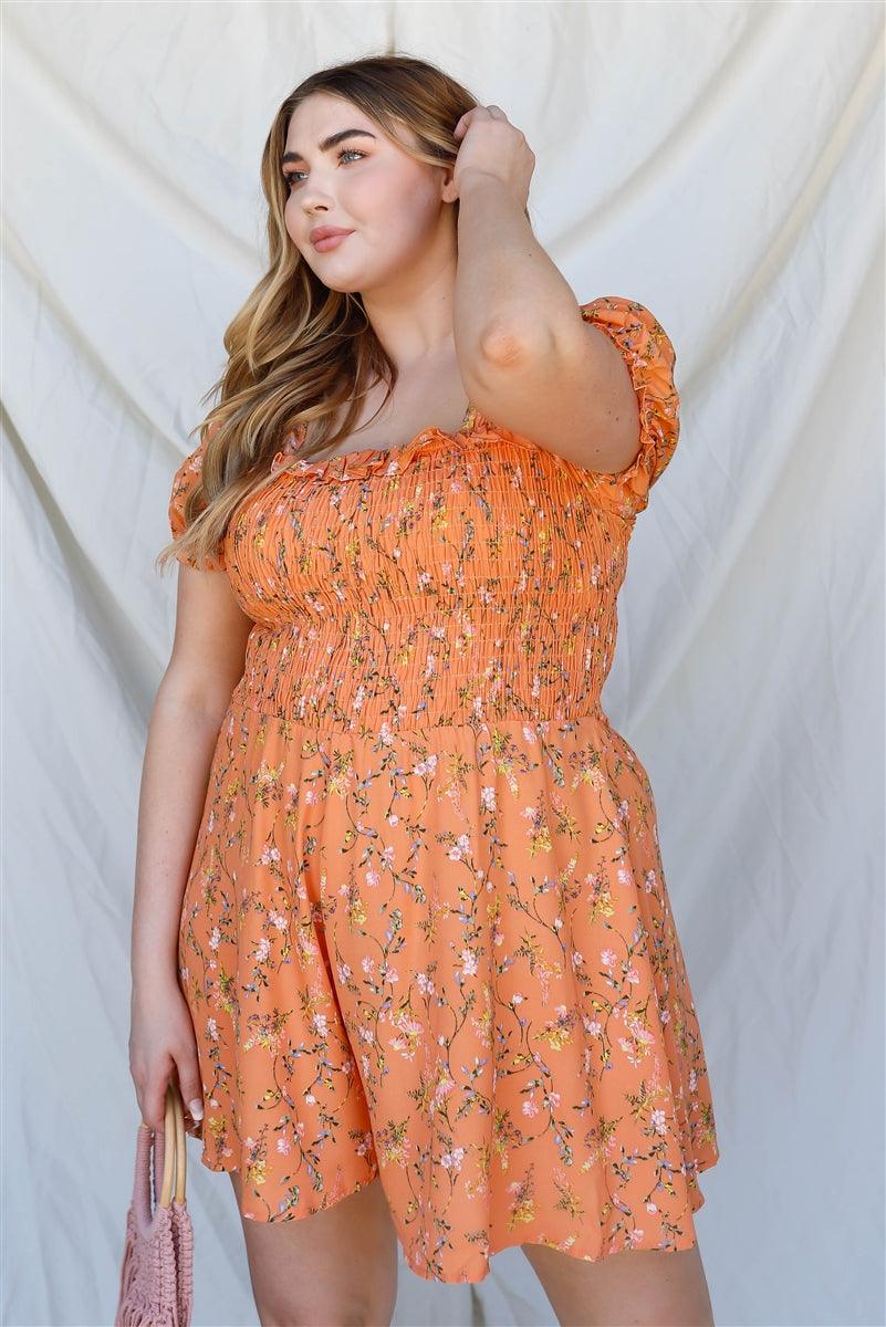 Plus Apricot Floral Print Smocked Puff Short Sleeve Romper Naughty Smile Fashion
