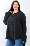Plus Black Ribbed Collared Button Up Shirt Top