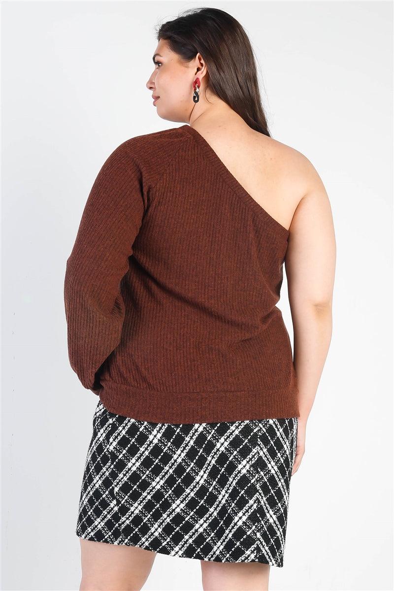 Plus Brown Ribbed Textured One Shoulder Top #Dresswomen #Shorts #Youtubeshorts Naughty Smile Fashion