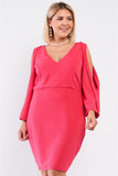 Plus Coral Pink Plunging V-neck Long Slit Sleeve Detail Mini Dress Naughty Smile Fashion