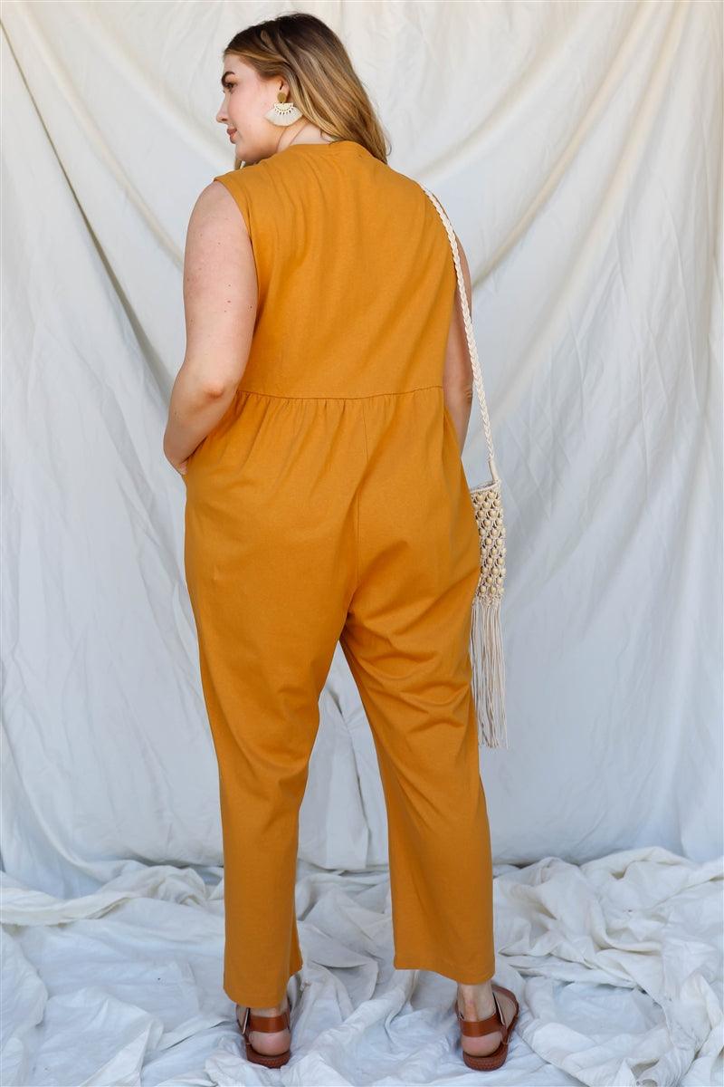 Plus Cotton Front Button Up Detail Sleeveless Jumpsuit Naughty Smile Fashion