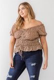 Plus Floral Chiffon Ruched Smocked Off-the-shoulder Top Naughty Smile Fashion