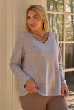 Plus Lavender V-neck With Criss-cross Strings Long Sleeve Relaxed Fit Top