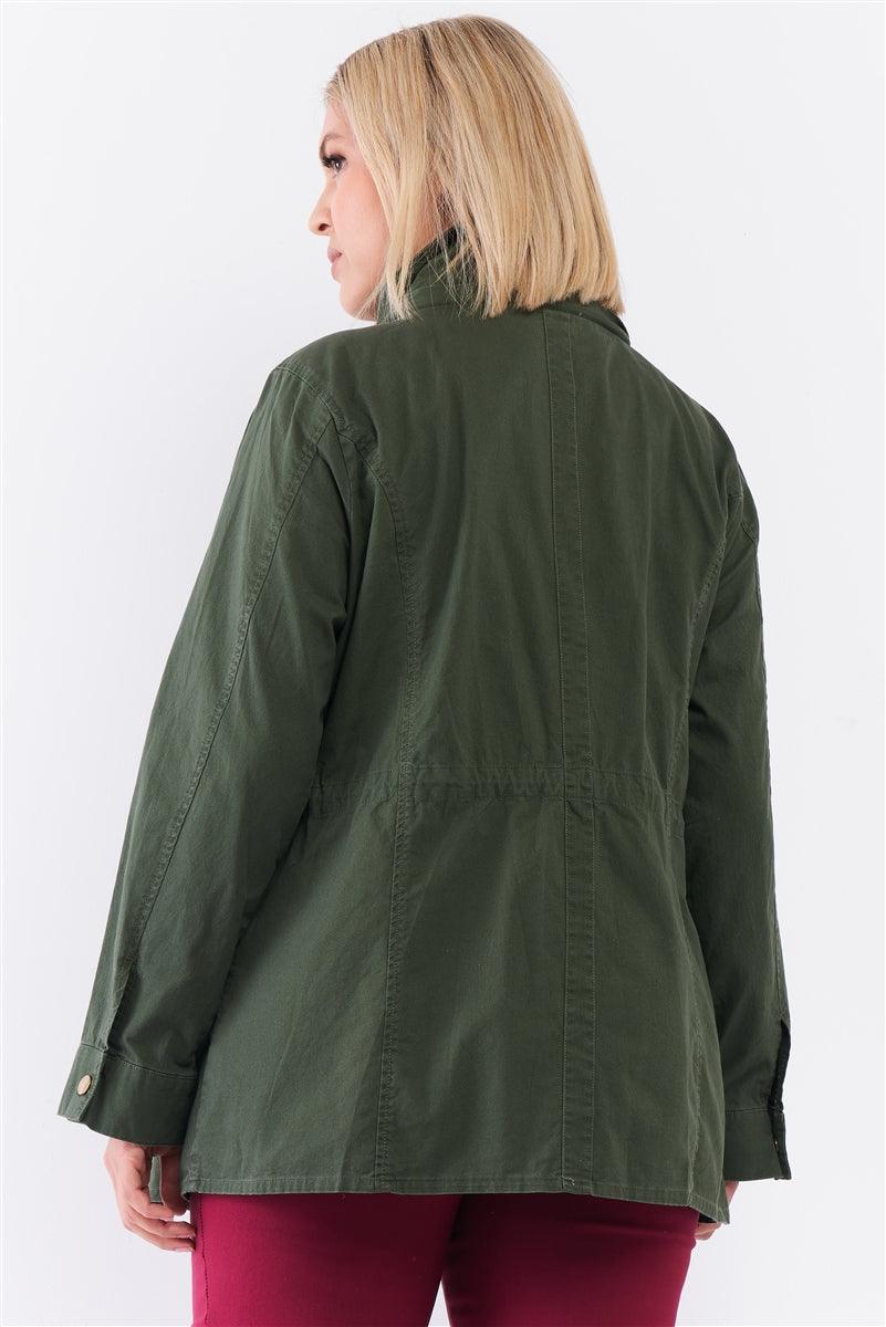 Plus Olive Cotton Front Zip-up & Button Down Detachable Hood Detail Utility Jacket Naughty Smile Fashion