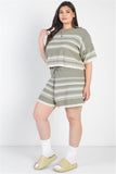 Plus Olive Striped Knit Short Sleeve Crop Top High Waist Shorts Set Naughty Smile Fashion