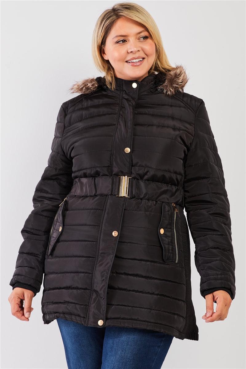 Plus Parallel Quilt Faux Fur Hood Belted Padded Long Puffer Jacket