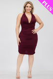 Plus Plunging Neck Crisscross Back Ruched Bodycon Mini Dress Naughty Smile Fashion