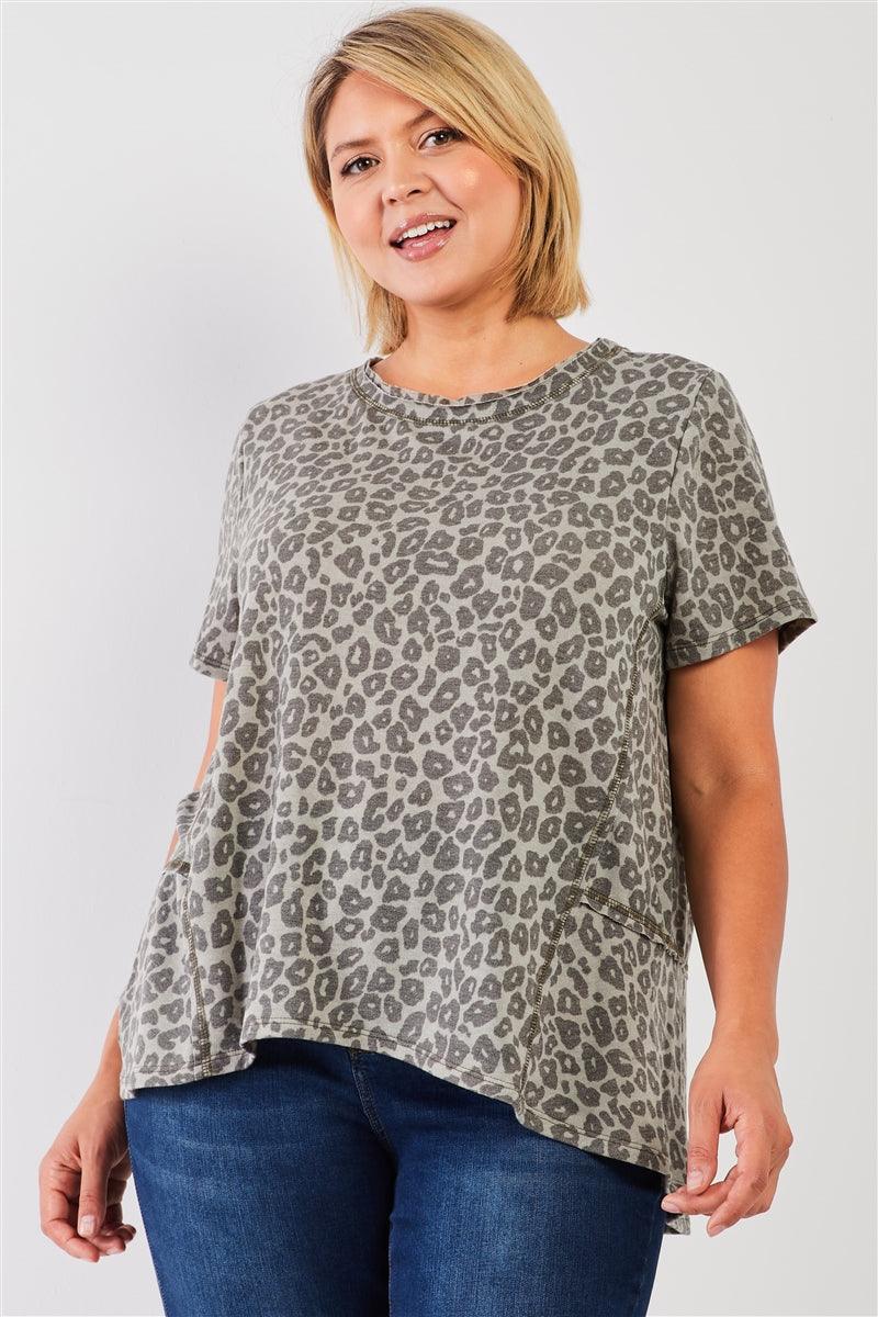 Plus Sage Washed Effect Leopard Print Short Sleeve Round Neck Raw Hem & Exposed Stitching Trim Relaxed Top #Dresswomen #Shorts #Youtubeshorts Naughty Smile Fashion