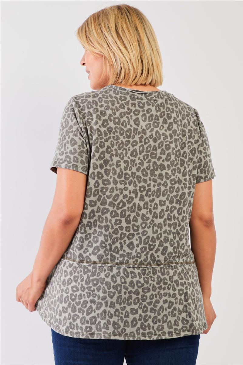 Plus Sage Washed Effect Leopard Print Short Sleeve Round Neck Raw Hem & Exposed Stitching Trim Relaxed Top #Dresswomen #Shorts #Youtubeshorts Naughty Smile Fashion