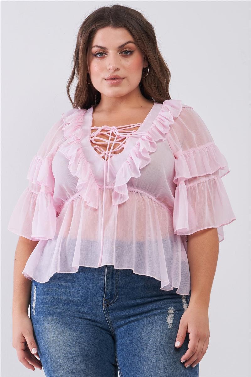 Plus Sheer Mesh Ruffle Lace-up V-neck Detail Wide Sleeve Relaxed Top