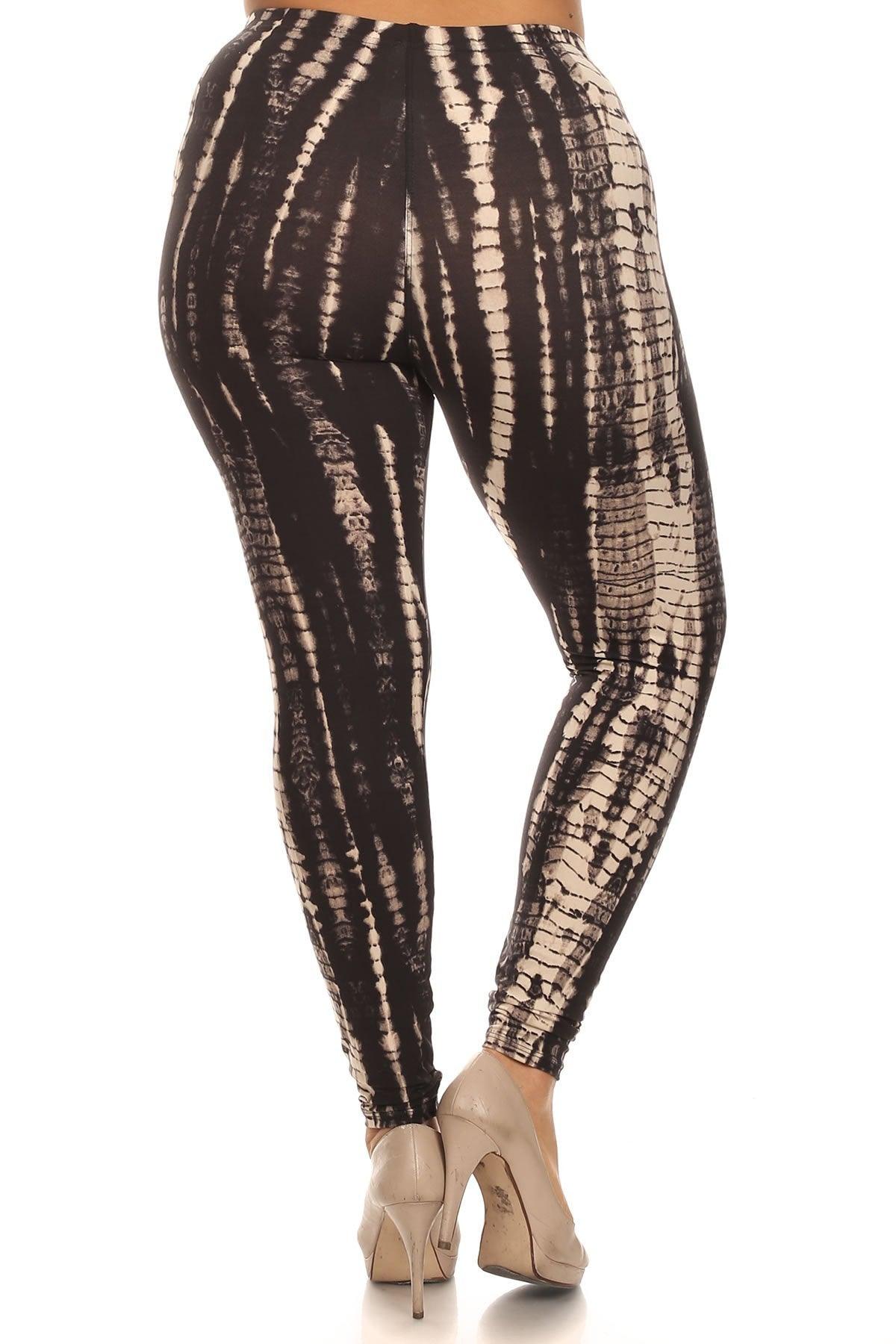 Plus Size Black And Tan Tie Dye Print Full Length Fitted Leggings With High Waist. Naughty Smile Fashion