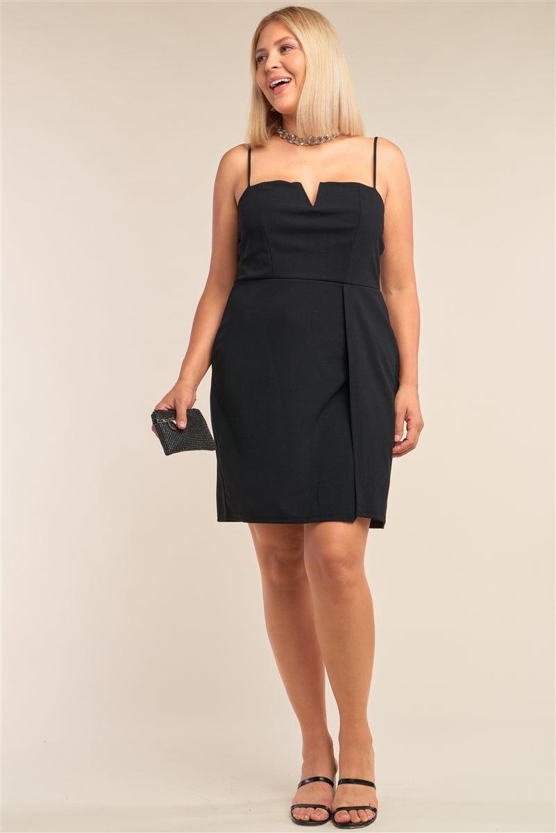 Plus Size Black Sleeveless V-shaped Front Detail Side Slit Tight Fit Mini Dress