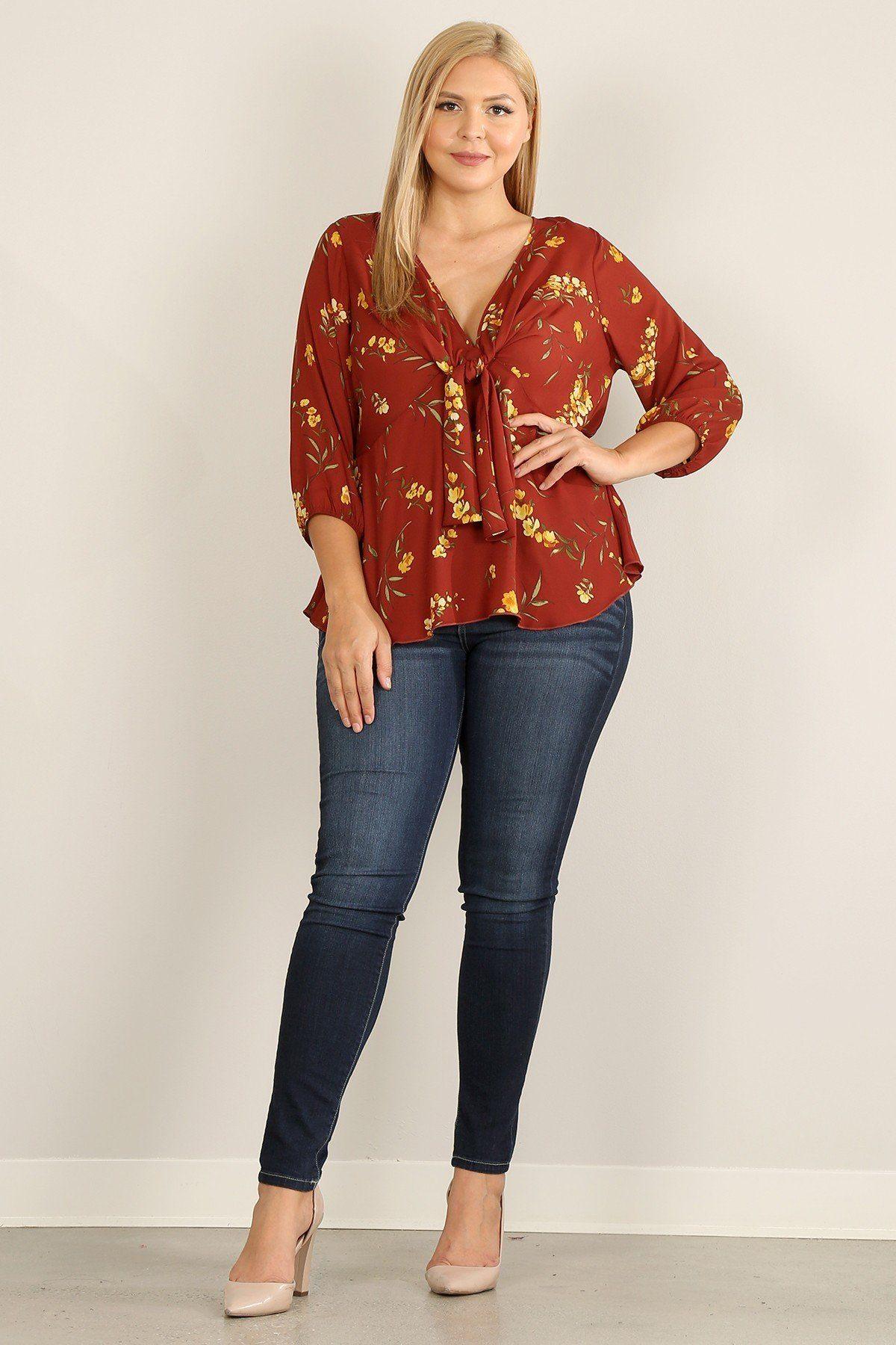 Plus Size Floral Print 3/4 Sleeve Top With V-neckline And Relaxed Fit