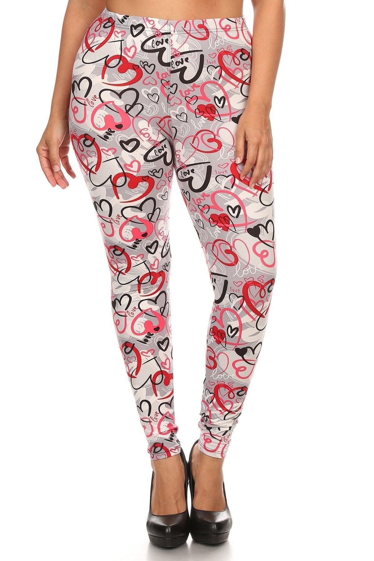 Plus Size Heart Print, Full Length Leggings In A Slim Fitting Style With A Banded High Waist Naughty Smile Fashion