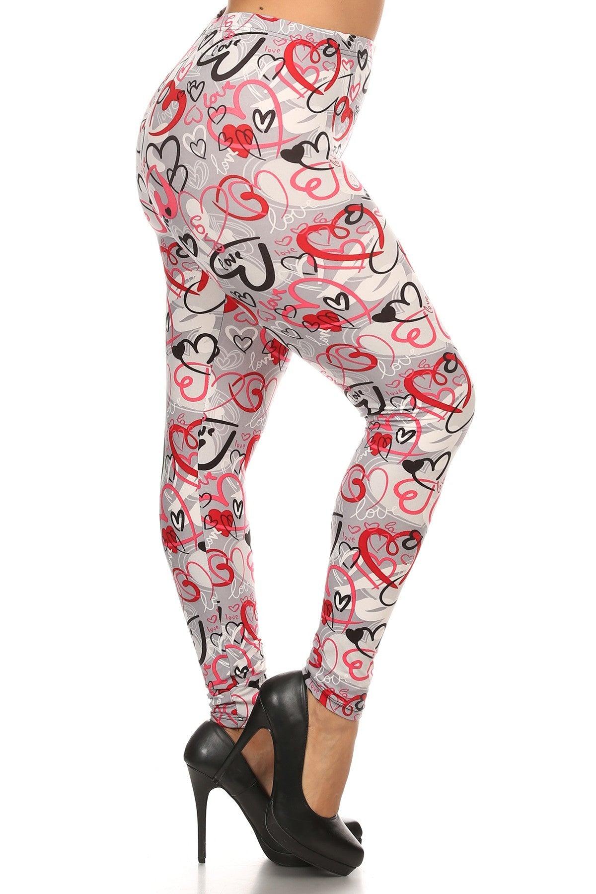 Plus Size Heart Print, Full Length Leggings In A Slim Fitting Style With A Banded High Waist Naughty Smile Fashion