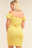 Plus Size Lemon Yellow Sparkly Tweed Plaid Fitted Off-the-shoulder Frill Hem Mini Dress