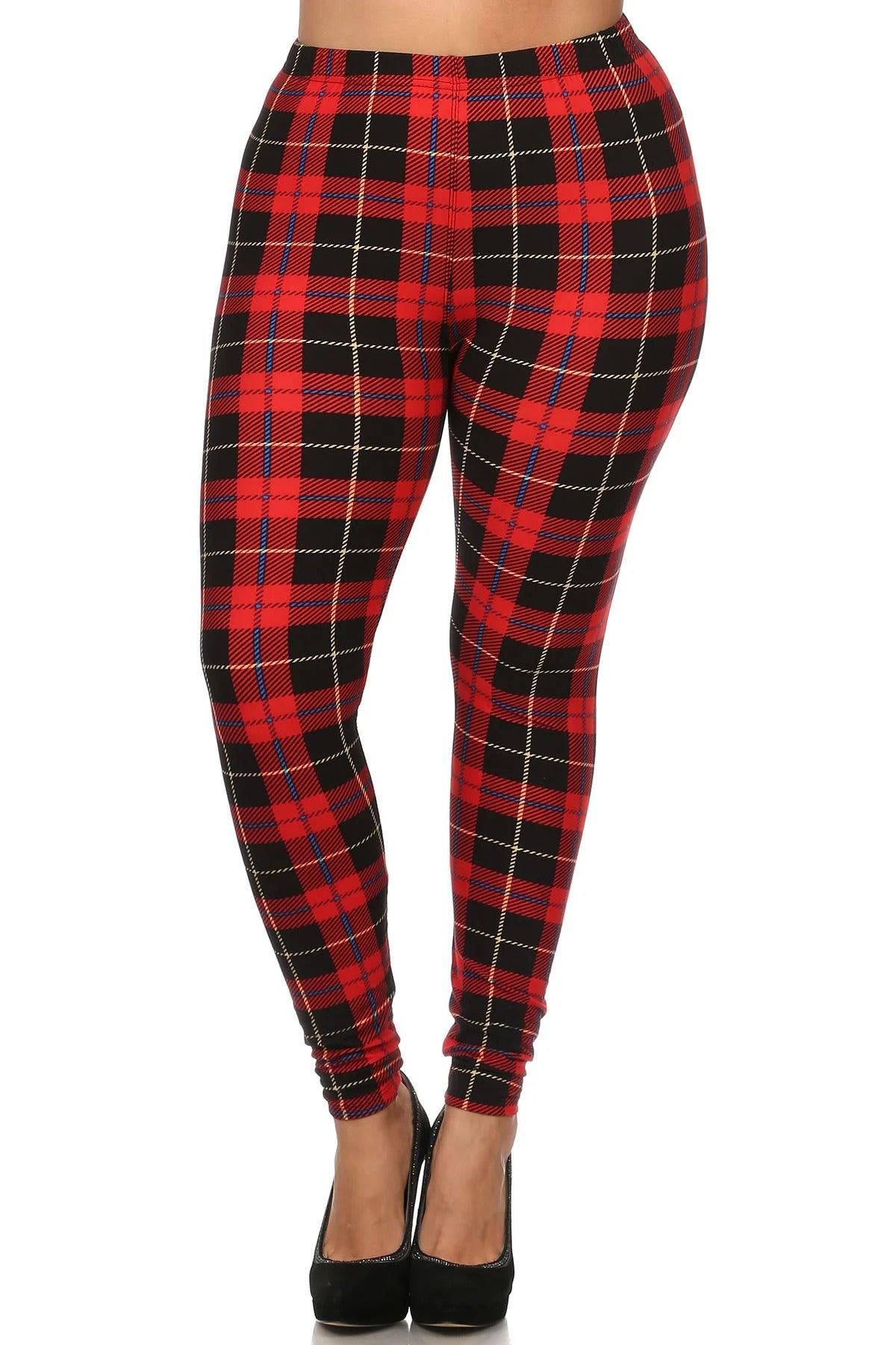 Plus Size Plaid & Checkered Print, Full Length Leggings In A Fitted Style