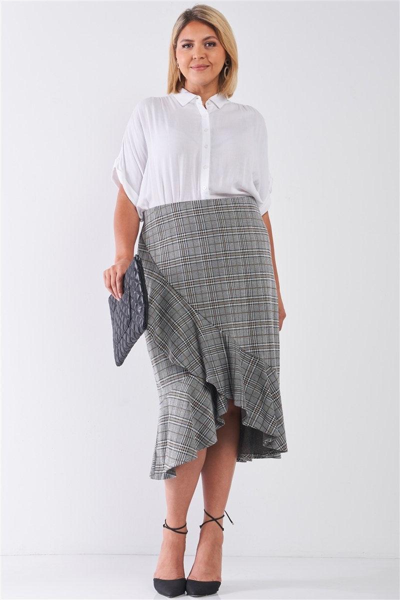 Plus Size Plaid Grey High-waist Midi Skirt