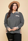 Plus Size Printed Patchwork Contrast Button Up Shirt Naughty Smile Fashion