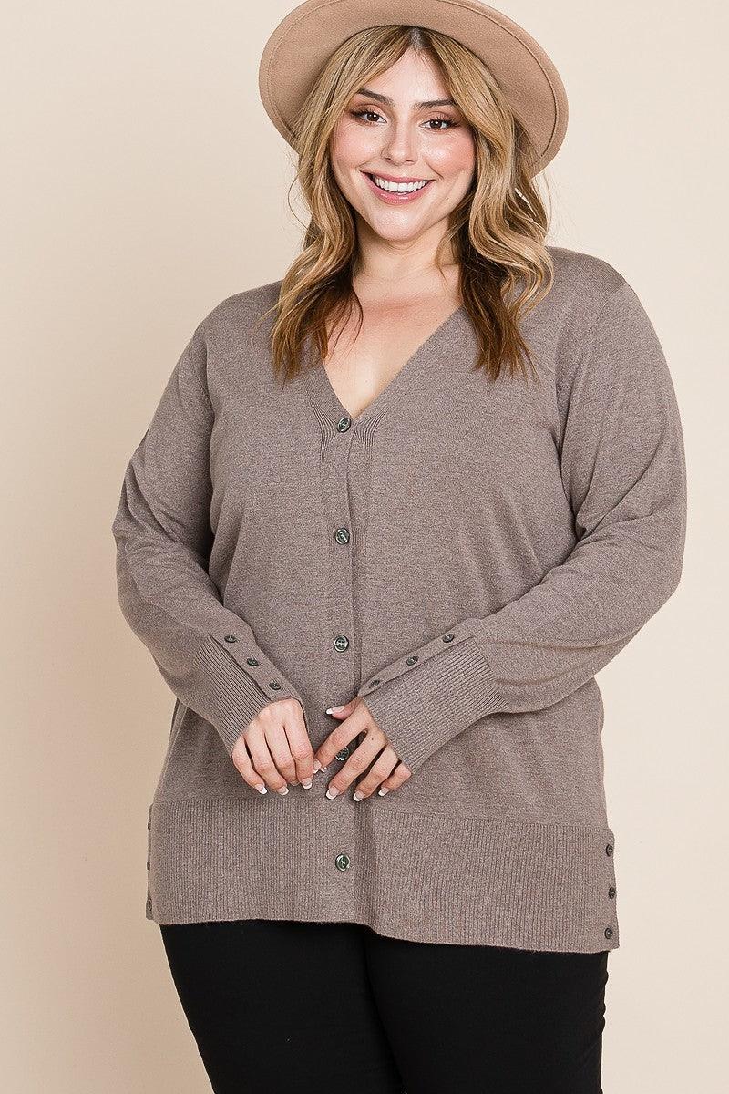 Plus Size Solid Buttery Soft V Neck Button Up High Quality Two Tone Knit Cardigan Naughty Smile Fashion