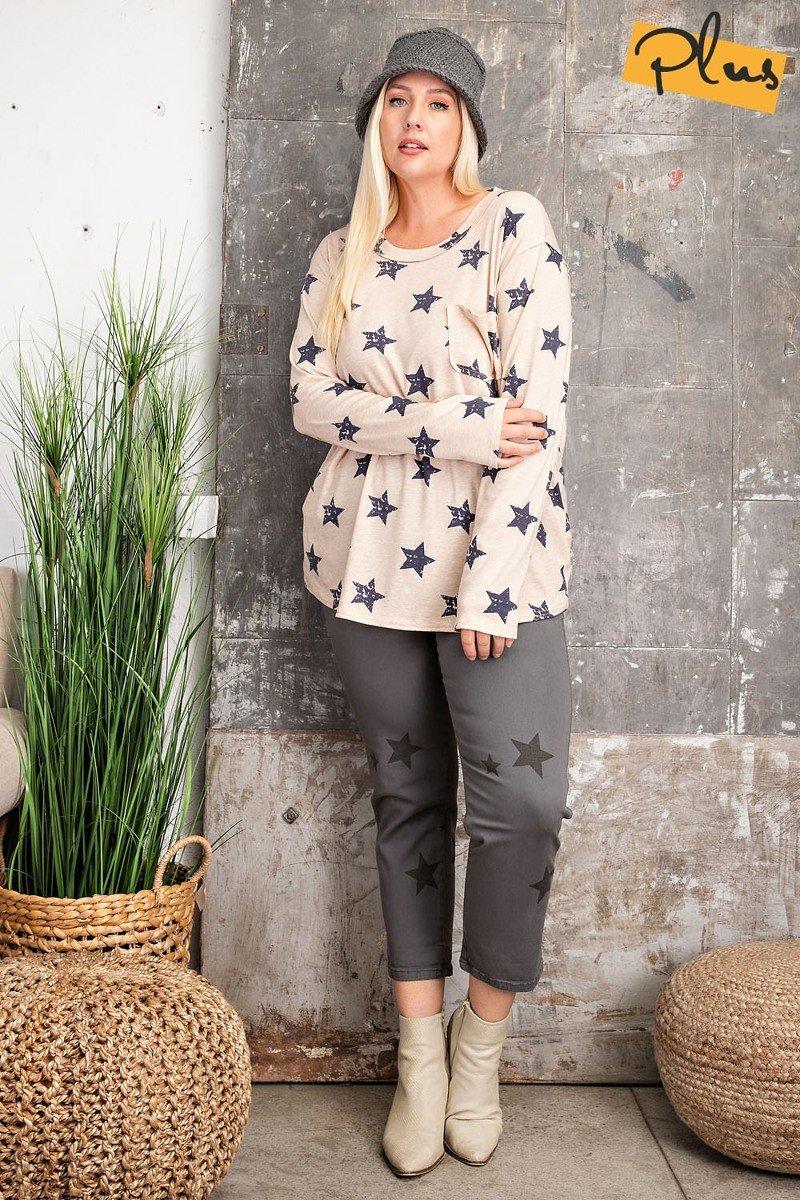 Plus Size Star Printed Poly Rayon Loose Fit Top Naughty Smile Fashion